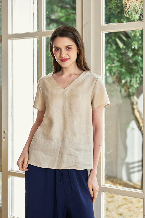 Premium Linen V-neck Short Sleeve Top