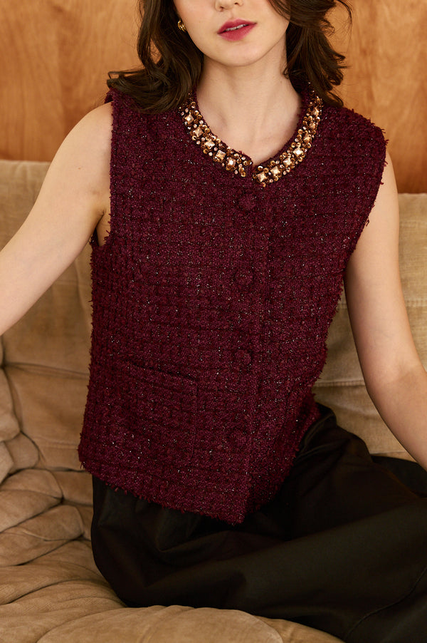 Wine Red Wool Vest with Crystal Collar